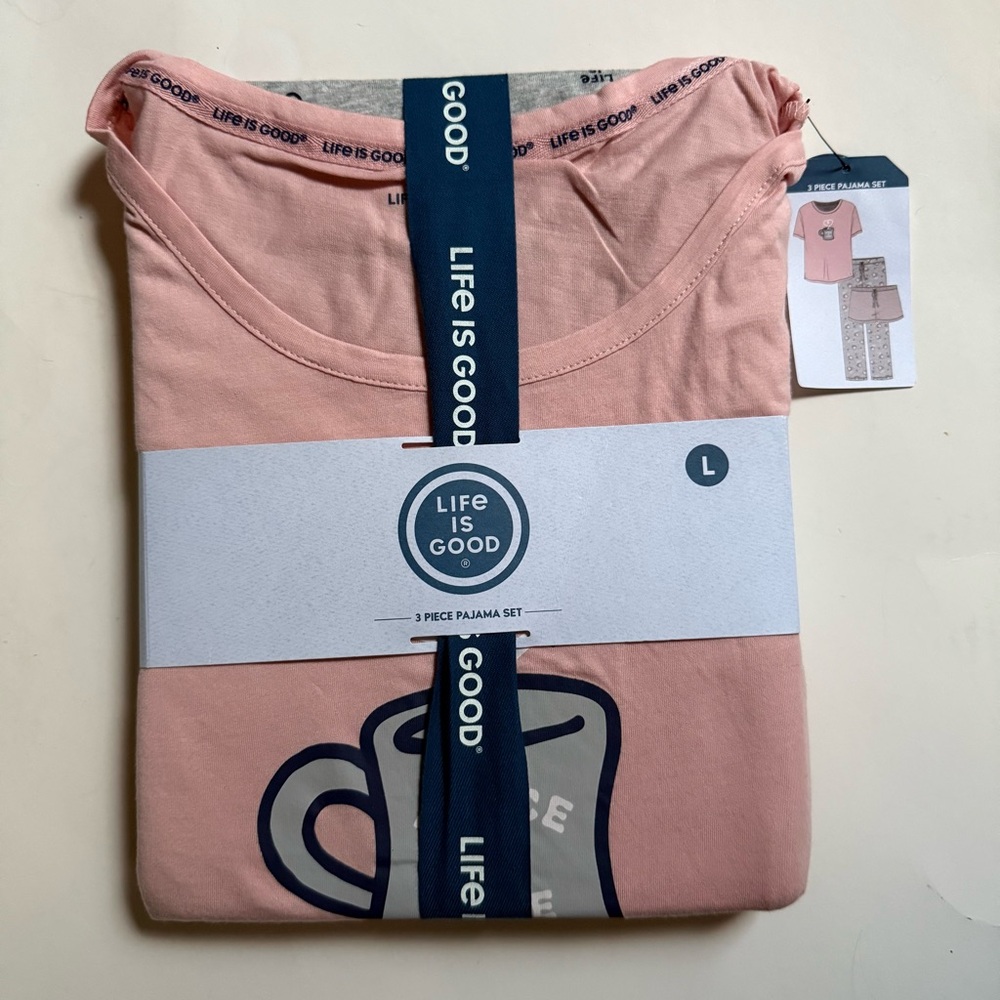 Life Is Good Pink 3 Pc. Pajama Set with Coffee Mug Graphic Woman’s L NWT